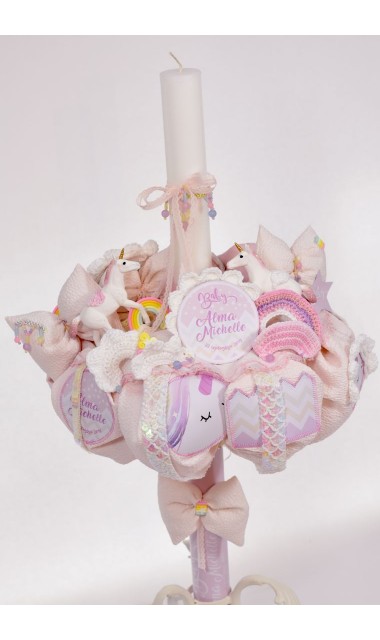 Lumanare de botez roz pentru fetite cu unicorni, 65x4cm, Baby Unicorn 2